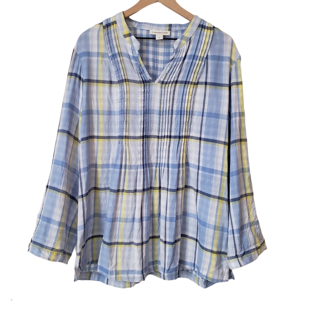 Coldwater Creek blue yellow plaid popover top 2X - Picture 2 of 9